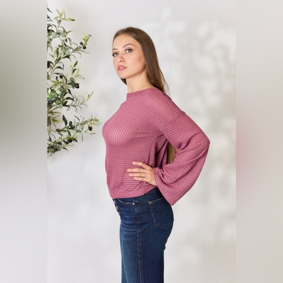 Culture Code Waffle-Knit Round Neck Long Sleeve Blouse - Picture 4 of 12